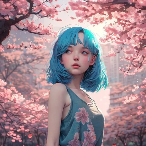 Prompt: hd photograph of a pretty girl with blue hair, wearing a tank top and shorts, relaxing under a cherry blossom tree, summer day, in the style of ilya kuvshinov, dramatic lighting, fantasy, intricate, elegant, highly detailed, lifelike, photorealistic, digital painting, bokeh, hdr, high resolution, artstation, concept art, smooth, sharp focus, art by krenz cushart and albert aublet, in a swimsuit