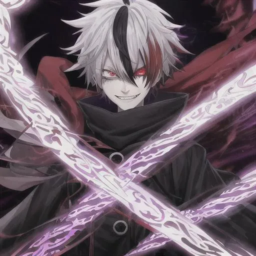 Prompt: insane, mature anime boy, black with white highlights in hair, one red eye, one white eye, purple scarf, evil smile, red and black emo outfit, trippy background, zoomed out purple glowing magic circle
