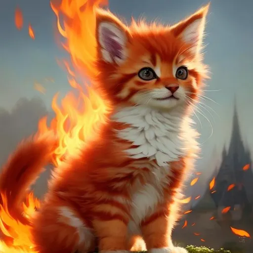 Prompt: Cute, red, fluffy, fire kitten, possessing the element of fire and making circles of fire
 move around in the air in a magical way. Perfect features, extremely detailed, realistic. Krenz Cushart + loish +gaston bussiere +craig mullins, j. c. leyendecker +Artgerm.