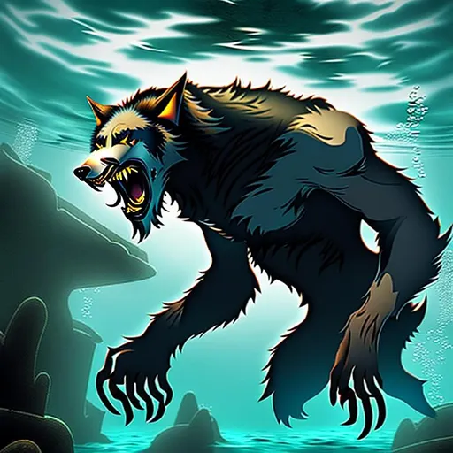 Prompt: Werewolf swimming underwater