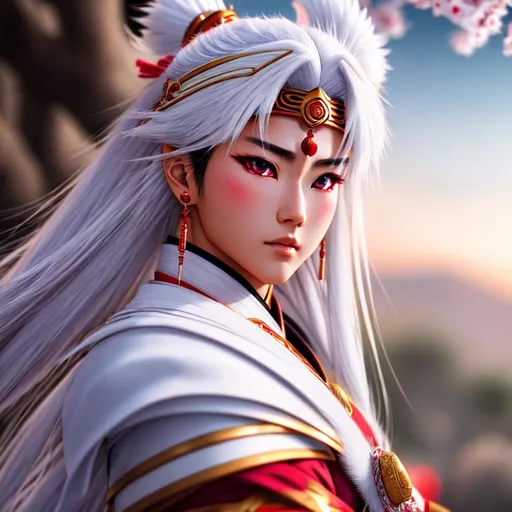 Prompt: Sesshomaru, Highly Detailed, Hyperrealistic, sharp focus, Professional, UHD, HDR, 8K, Render, HD, Trending on ArtStation, outdoor, close up, 