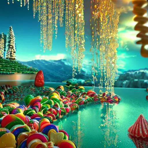 Prompt: Paradise in heaven, Vivid, V-Ray Lighting, Reflections, Refraction, Intricate Details, Realistic, Sharp, Octane Render, UHD, 4K, 8K, pastel colors, chocolate fountain, candy drop trees, beautiful, candy canes, syrup lale, waffle cone mountains, kit cat road

