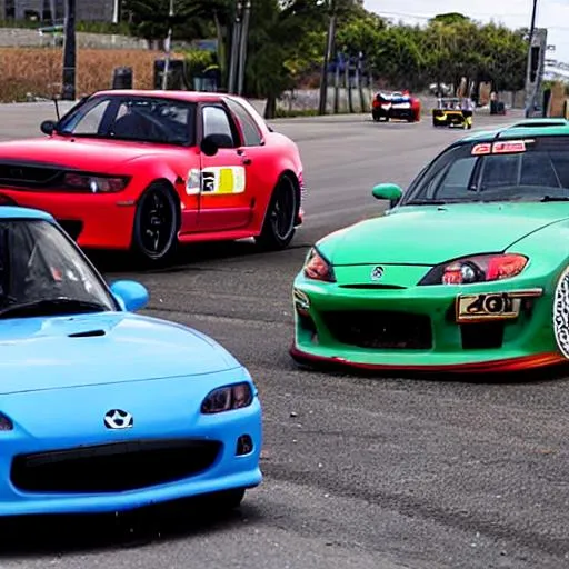 Prompt: a modified Mazda Miata racing a modified Mitsubishi lancer evolution in a street race