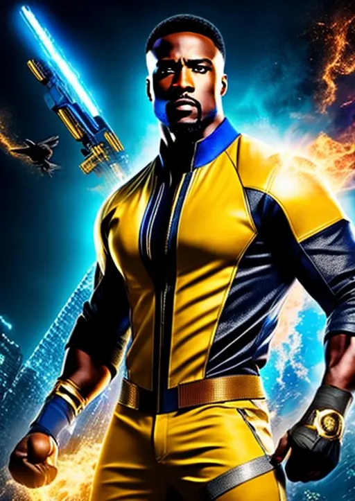Prompt: High-resolution hyperrealistic photo of avenger {{falcon} sam wilson} merged with [power-man] {luke cage}, blue-grey and gold costume, uhd, hdr, 64k