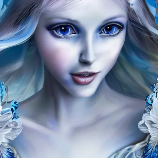 Prompt: white fairy goddess with  blue background, hyper realistic, closeup
