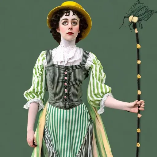 Prompt: An edwardian era circus woman wearing stripped clothes in a pastel green and yellow tim burton style full body