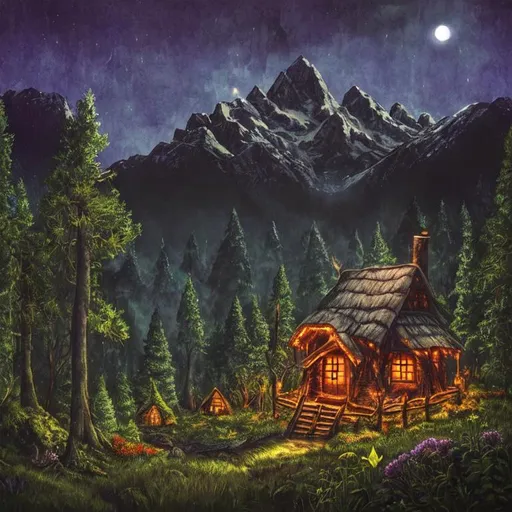 Prompt: witch's hut, dark summer forest at night, magic, fantasy, sparkling, cozy, weeds and trees grow around, mountains in the background