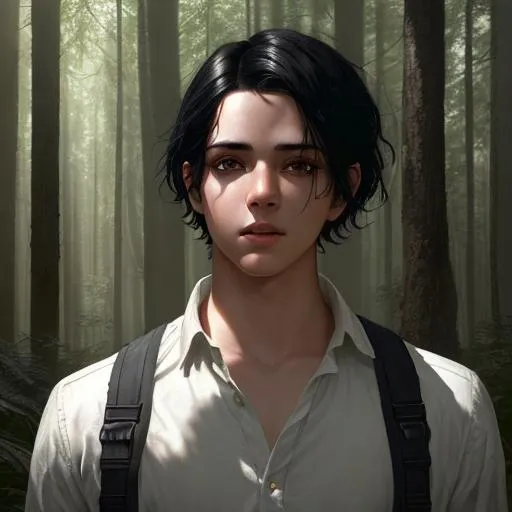 Prompt: Portrait of boy with black hair and with cute face, {morning sunlight forest background}, perfect composition, hyperrealistic, super detailed, 8k, high quality, trending art, trending on artstation, sharp focus, studio photo, intricate details, highly detailed, by greg rutkowski