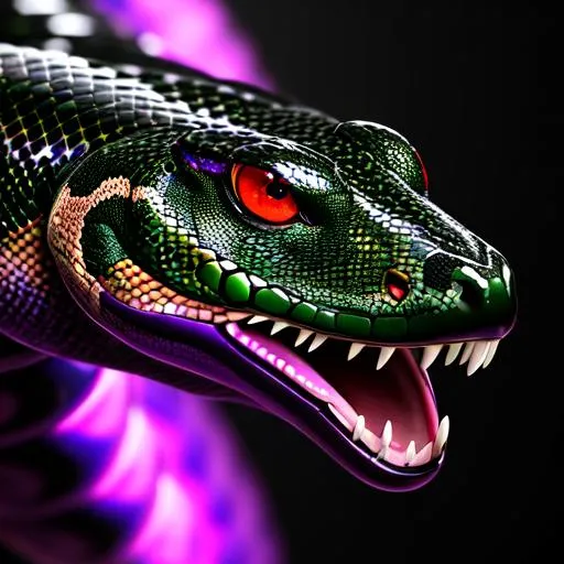 Prompt: a face shot of a twelve-foot snake with black and green markings and red eyes purple aura and a dragon-like face, very glossy and shiny, reflective, perfect composition, hyperrealistic, super detailed, 8k, high quality, trending art, trending on artstation, sharp focus, studio photo, intricate details, highly detailed, Trending on Artstation, Cozy wallpaper, Pastel colors, soft lighting