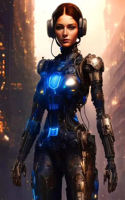 Prompt: Zoomed out full body cyborg| small chest| full-length portrait| detailed face| symmetric| steampunk| cyberpunk| intricate detailed| to scale| hyper-realistic| cinematic lighting| digital art| concept art| mdjrny-v4 style