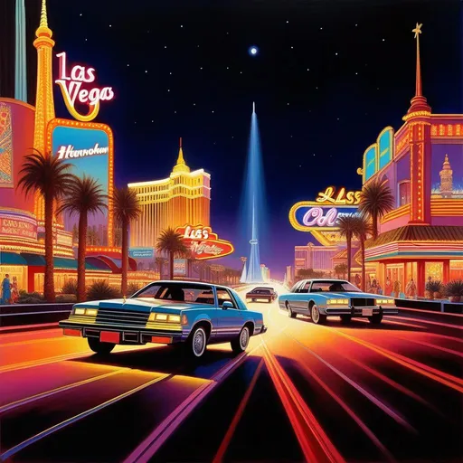 Prompt: 1980s, Las Vegas Strip at night, car chase, neon, warm atmosphere, cartoony style, extremely detailed painting by Greg Rutkowski and by Henry Justice Ford and by Steve Henderson