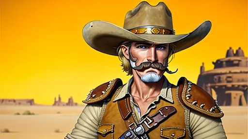Prompt: Art Cowboy Western Style, carring pistol Colt Single Action in hands 4K, Star Wars art style, background Tatooine from Star Wars Film.
Hyperdetailed photorealism, 

Style, blond moustache, gray breastplate, leather shoulder.
 