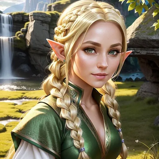 Prompt: Create a high-quality professional image of a young elf woman with elf ears ad medium length blonde hair tied in one big braid, in a fantasy elven outfit. The woman looks at the camera with a mischievous expression.

The image should be realistic and detailed, with vivid colors and sharp contrasts.
The woman should have medium length blonde hair tied in one big braid, light green eyes and a small amount of light freckles. Her skin has a slight tan tint. She has a modest size chest. She should wear a brown and dark green leather fantasy elven outfit that covers her chest, arms, and legs, with leather trim and silver ornaments. She should also wear a leather corset with a quiver.

The the forest of gigantic trees, wooden elven houses built in the branches, natural sunlight of sunset blends with the forest ambiance. The background should show sunbeams through the branches of the trees with the specks of dust flying through.
The woman must be sitting on a rock barefoot in the water. She should smile with a mischievous 
expression, a hand extended towards the camera, as if to invite the observer to join it.

heavenly beauty, 8k, 50mm, f/1. 4, high detail, sharp focus, perfect anatomy, highly detailed, detailed and high quality background, oil painting, digital painting, Trending on artstation, UHD, 128K, quality, Big Eyes, artgerm, highest quality stylized character concept masterpiece, award winning digital 3d, hyper-realistic, intricate, 128K, UHD, HDR, image of a gorgeous, beautiful, dirty, highly detailed face, hyper-realistic facial features, cinematic 3D volumetric, illustration by Ilya kuvshinov, Marc Simonetti, Carne Griffiths, Conrad Roset, 3D anime girl, Full HD render + immense detail + dramatic lighting + well lit + fine | ultra - detailed realism, full body art, lighting, high - quality, engraved | 