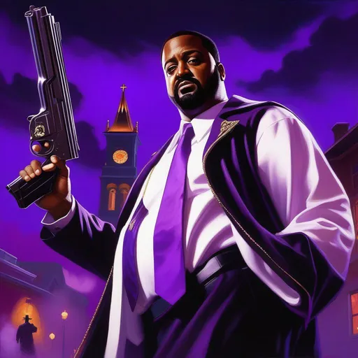 Prompt: Ghostface from Scream in Saints Row, guns, cartoony, purple atmosphere, extremely detailed painting by Greg Rutkowski and by Henry Justice Ford and by Steve Henderson