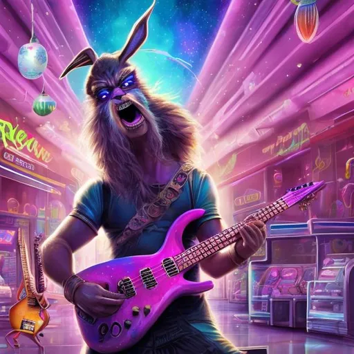 Prompt: Assyrian shedu playing a double-necked Guitar for spare change in a busy alien mall, widescreen, infinity vanishing point, galaxy background, surprise easter egg