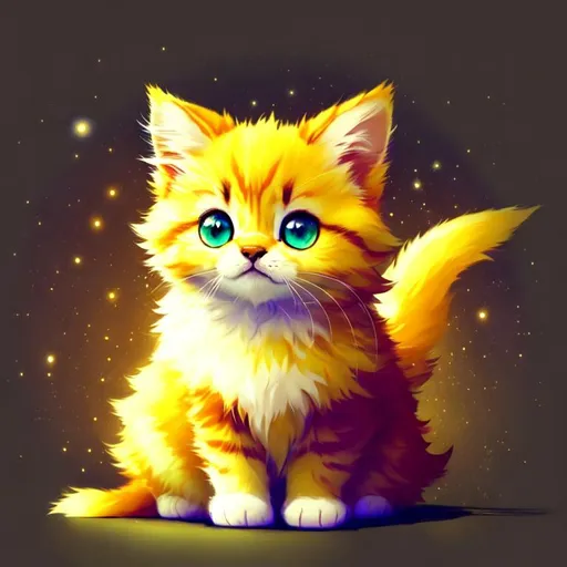 Prompt: Cute, yellow, fluffy, fantasy light kitten, with lighting, yellow eyes, yellow fur, and possessing the element of space and making circles of lighting stripes
 move around in the air in a magical way, in a space background. Perfect features, extremely detailed, realistic. Krenz Cushart + loish +gaston bussiere +craig mullins, j. c. leyendecker +Artgerm.