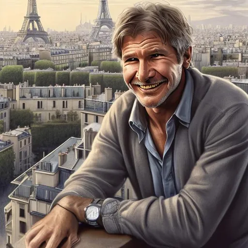 Prompt: Portrait of young Harrison ford with {light brown} hair and beard and with a handsome face, with {grey eyes}.  He's smiling, He's looking from a balcony across the Paris skyline. The Eiffel tower is in the background.  {background}, perfect composition, hyperrealist, super detailed, 8k, high quality, trending art, trending on artstation, sharp focus, studio photo, intricate details, highly detailed.
