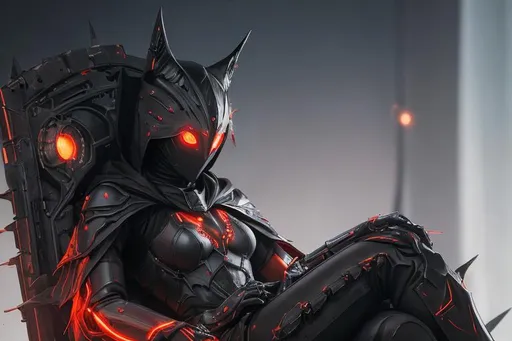 Prompt: An abnormally tall and lanky female humanoid hunched forward in nanotech armor with spines and metal protrusions. she has a black cape and is sitting ominously on a floating mechanical chair. her face is covered with a metal mask with beady glowing red eyes under a black hood. behance HD