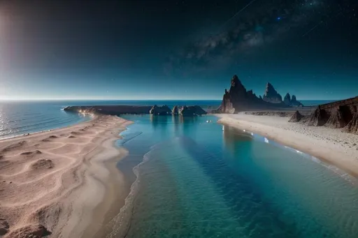 Prompt: a beach of another planet, ultra fine details, correct, bright colors, sci-fi, futuristic, UHD, 12K