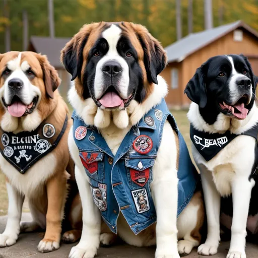 Prompt: st bernard wearing a heavy metal music denim vest with patches in a group of dogs 