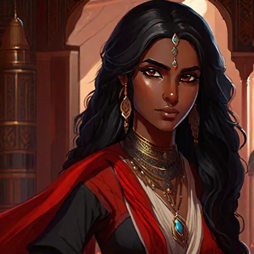 Prompt: a young efreeti lady. Red skin. Long black hairs. rich arabian dress. D&d art. rpg art. 2d art. 2d. 