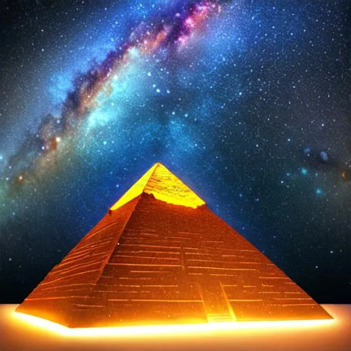 Prompt: glowing pyramid flying trough milky way galaxy