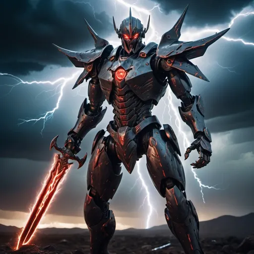 Prompt: Evil robotic warrior with a lightning sword