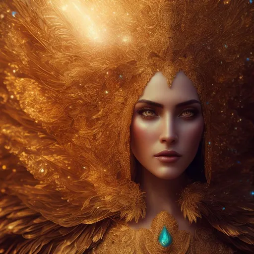 Prompt: Portrait of A beautiful harpia woman, wearing warrior Intricate legendary Golden armor, beautiful redish gradient iridescent feathers, sharp focus, intricate, majestic, highly detailed, elaborate, cinematic, digital art, lens flare, octane render, fantasy,  in the style of Peter mohrbacher, tom bagshaw, david palumbo, Jacek yerka, Robert Oxley, android Jones, Georgia O'Keeffe, Anato Finnstark