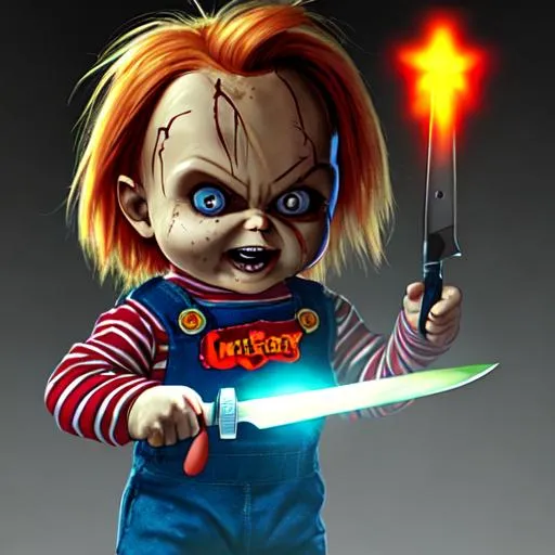 Prompt: chucky with glowing knife