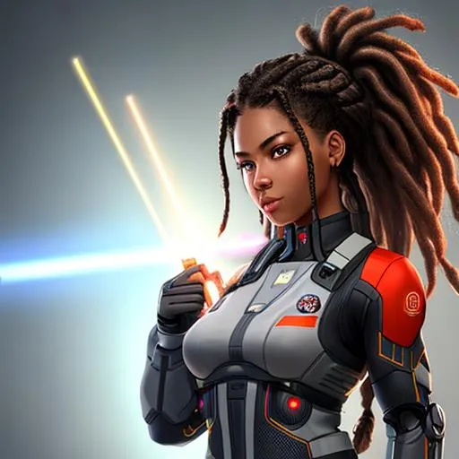 Prompt: badass woman with dark skin holding a laser gun, detailed face, dreadlock hair, cornrow hair, one cybernetic eye, military clothes, fit frame, slim feminine body, large chest, grey background, flames in background, best quality, highres, hd quality, UHD, trending on artstation