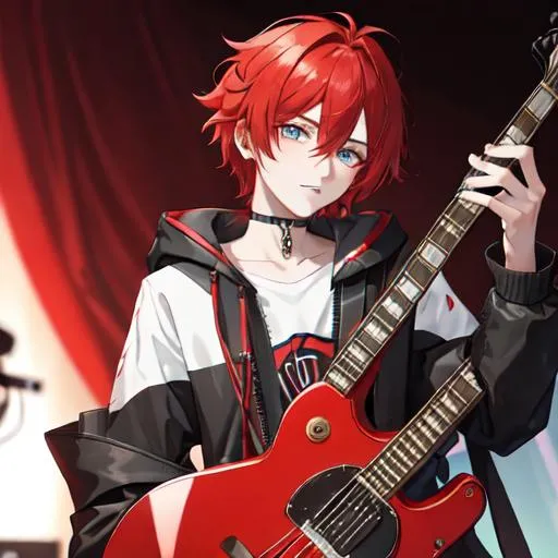 Prompt: Zerif 1boy (Red side-swept hair covering his right eye) as a young adult, guitarist in a band UHD, 8K, highly detailed, 