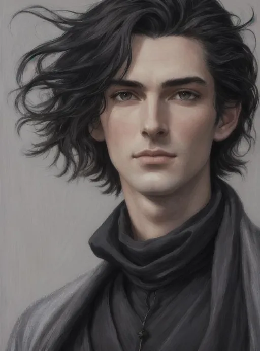 Prompt: Ultra realistic, full-length, full body, oil painting, is male, tall and lean with "a windswept black hair flecked with grey, and in a pale stern face a pair of keen grey eyes.", rogue, sneaking, Gondorian is often described as solemn, but can have moments of humour.
