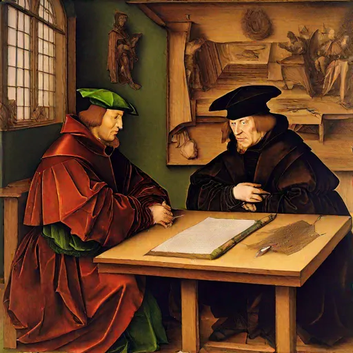 Prompt: Albrecht Dürer and Martin Luther sitting at a table and discussing, painting by Hans Holbein