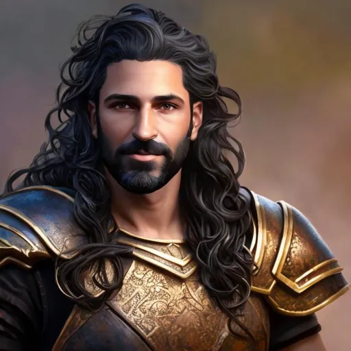 Prompt: realistic painting, fantasy character art, 40-year-old male, dark-skinned, hair is short on sides and longer on top, wavy black hair, short beard, necromancer, black-armor