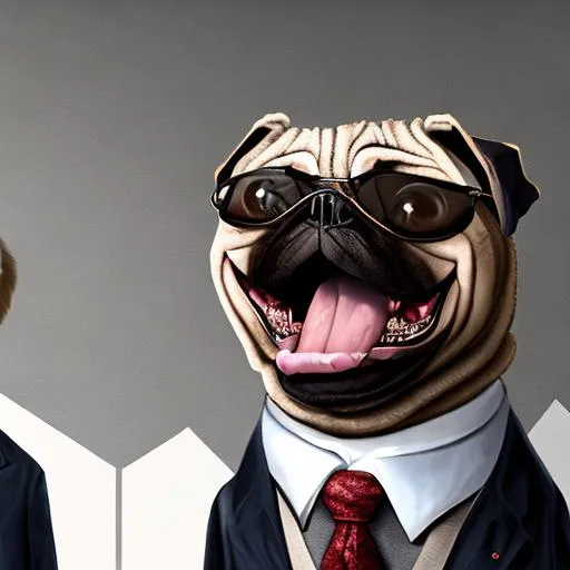 Prompt: Two Politician Pug in a suit, laughing, anthropomorphic , fine detail hair, photorealistic hair, 8k, realistic, fine details, photorealism, cinematic ,intricate details, photo realistic 8k