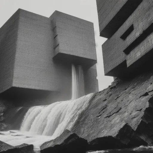 Prompt: a building on the edge of a waterfall, brutalist architecture