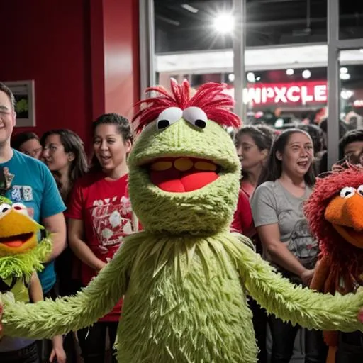 Prompt: Angry muppet Karen causing a gigantic scene at Chipotle