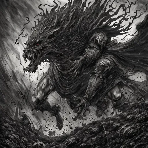 Prompt: "Create a detailed, dramatic image in the style of Kentaro Miura, author of Berserk, drawn in manga style, heavily influenced by Western medieval and fantasy, intense and emotional character depiction, pronounced eyes and facial expressions, dark and gloomy background, grotesque elements and brutal war scenarios, strong contrast between light and shadow for menacing and intense atmosphere, horror and fantasy elements, clear reflection of Miura's style, high resolution, intricate detailing of characters and environments, lines typical of manga but specific to Miura's style."