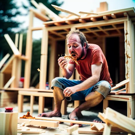 Prompt: a drunk man building a house while eating