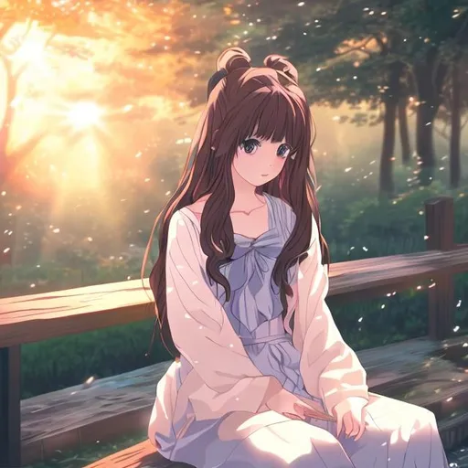 Prompt: A beautiful girl sitting alone  in anime background  an sun light rising 