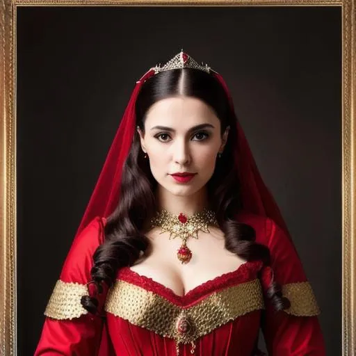 Prompt: medieval lady dressed in red and black, realistic professional photo, very detailed, 8K, golden frame