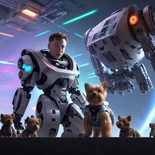 Prompt: image of cyborg elon musk with robotic yorkie terrier in front of army of robots, mech and moon, beams of neon rays, ai render, smoke, water,  wind
