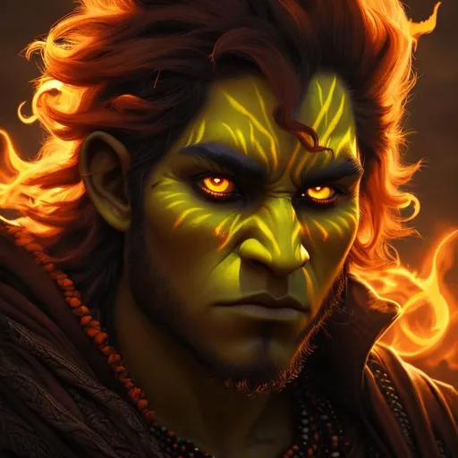 Prompt: Masterpiece digital art, portrait, young half-orc sorcerer, orc bloodline, solar, long orange fire Mohawk, yellow animalistic eyes, [desaturated skin], fireball, very detailed face