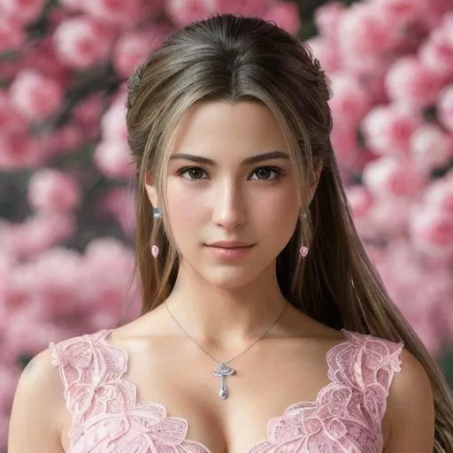 Prompt: Aerith from Final Fantasy 7, pink lace top, Caucasian female, smooth features, beautiful, detailed, hyperrealistic, super detailed, 8k, high quality, sharp focus, intricate detail, highly detailed, UHD, 8k, high quality, oil painting, hyper realism, Very detailed, clear visible face