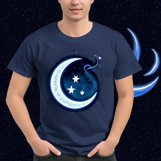 Prompt: a medium size dark blue T-shirt, with a small {white} shiny drawn night crescent moon, centered in the upper middle, a few shining stars flowing from that crescent moon