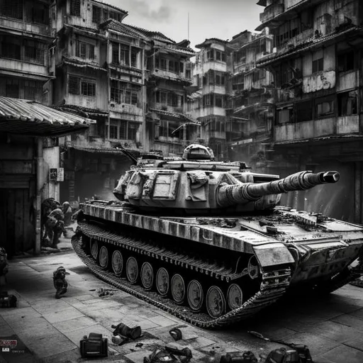 Prompt: monochrome, urban warfare, modern, kowloon walled city, battle, combat, military, soldier, scifi, tank patrol