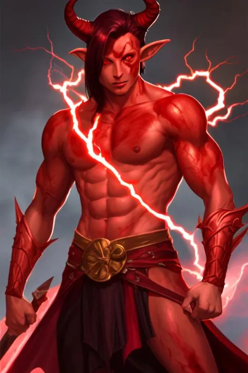 Prompt: Male Tiefling with red skin commanding lightning