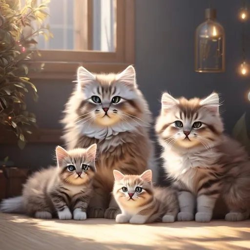 Prompt:  realistic fluffy very cute and eyes calm lighting, highly detailed, fluffy, adorable, beautiful, soft dramatic lighting, light shafts, radiant, ultra high quality render, realistic background, full body mama cat with baby kittens nursing and paws 