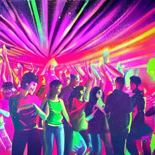 Prompt: a colourful painting of a crowd inside of a nightclub dancing together, with laser lights overhead