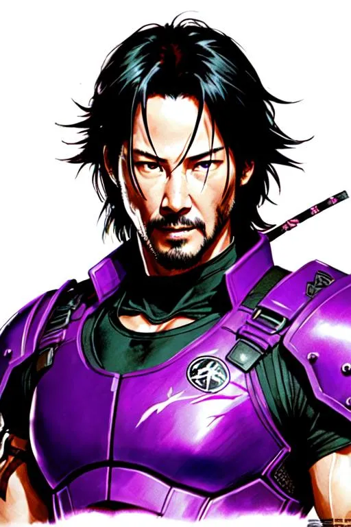 Prompt: (((Yoji Shinkawa))), sticker of ultra detailed portrait of a keanu reeves from Ninja Gaiden in purple armor. Detailed Ninja mask, high quality cell shaded illustration in post apocalyptic style by Yoji Shinkawa, ((full body)), dynamic pose, perfect anatomy, centered, freedom, soul, approach to perfection, cell shading, 4k , cinematic dramatic atmosphere, watercolor painting, global illumination, detailed and intricate environment, artstation, concept art, fluid and sharp focus, volumetric lighting, cinematic lighting, Art by Yoji Shinkawa,